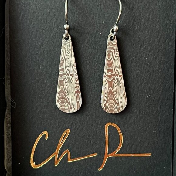 Chris Ploof Damascus stainless steel teardrop dangle Earrings EUC - Picture 1 of 9